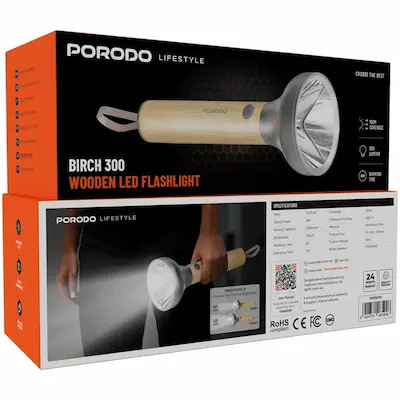 چراغ قوه دسته چوبی پرودو مدل Porodo Lifestyle Birch 300 Wooden LED Flashlight - تصویر 2