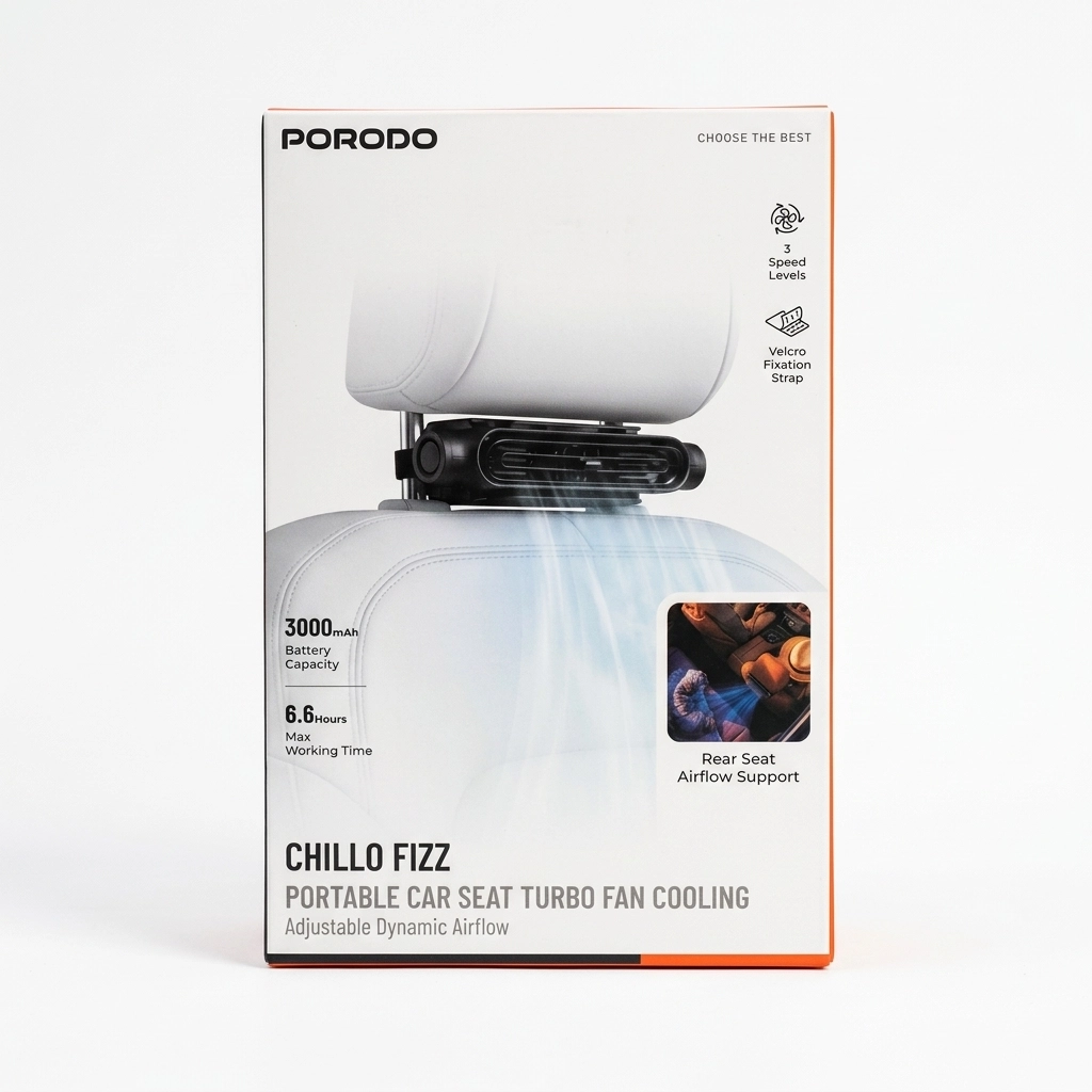 فن خنک کننده صندلی خودرو PORODO CHILLO FIZZ، ۳ سرعته، باتری ۳۰۰۰mAh