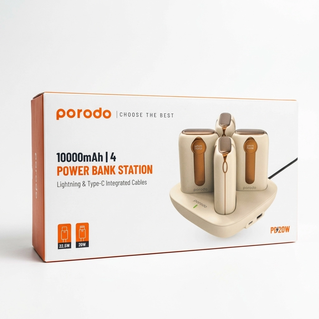 پاوربانک ۴ کاره PORODO _ ۱۰۰۰۰mAh، کابل داخلی لایتنینگ و Type-C، PD 20W