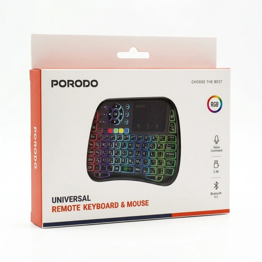 کیبورد و ماوس ریموت PORODO بلوتوث ۳.۲ و ۲.۴GHz، RGB، دستور صوتی